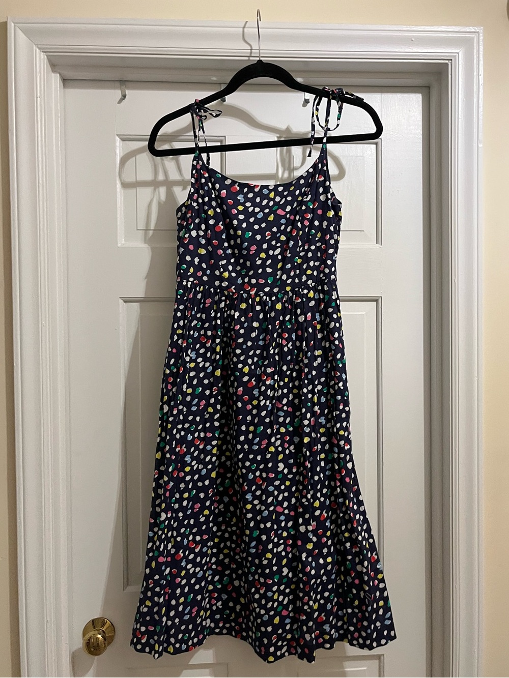 J. Crew Navy Midi Dress with Multicolor Spot Print